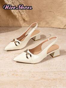 Women's Pointed Toe Slingback High Heel Sandals With Metal Horsebit Buckle, Adjustable Back Strap, Elegant Daily Commute And Date High Heel Pumps - White - View 1