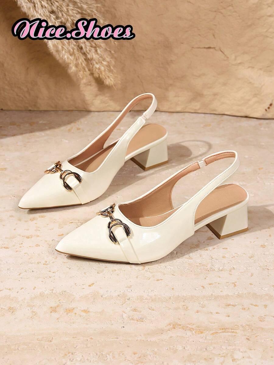 Women's Pointed Toe Slingback High Heel Sandals With Metal Horsebit Buckle, Adjustable Back Strap, Elegant Daily Commute And Date High Heel Pumps - White - View 1