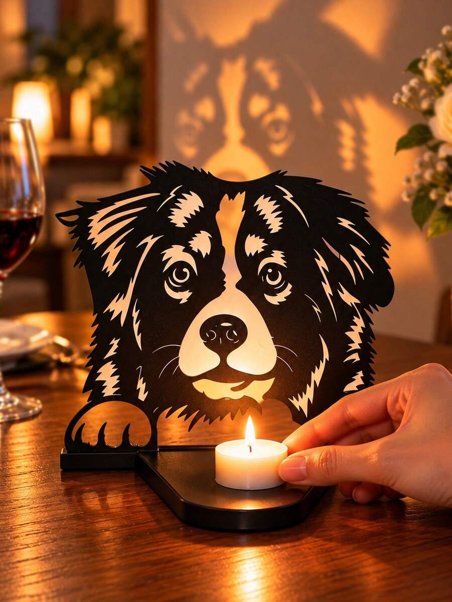 1件裝新款黑色極簡風狗狗投影燭台(不含蠟燭)鏤空狗狗剪影裝飾品,放置蠟燭可投射狗狗陰影,適合愛狗人士的家居裝飾,寵物愛好者節日禮物 - 多色 - 查看 1