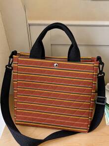 1pc Brown Plaid Stripe Diamond Quilted Tote Bag,Snap Button,Detachable Crossbody Strap,Large Capacity Multi-Use Shoulder Bag For Daily,Travel,Work - Multicolor - View 9