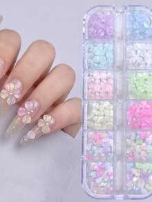 12 Grids 3D Aurora Resin Flower Nail Charms, Pastel Candy Color 3D Petal Nail Decoration, Mixed Floral Rhinestone Jewelry For DIY Nail Art Manicure - Multicolor - View 7