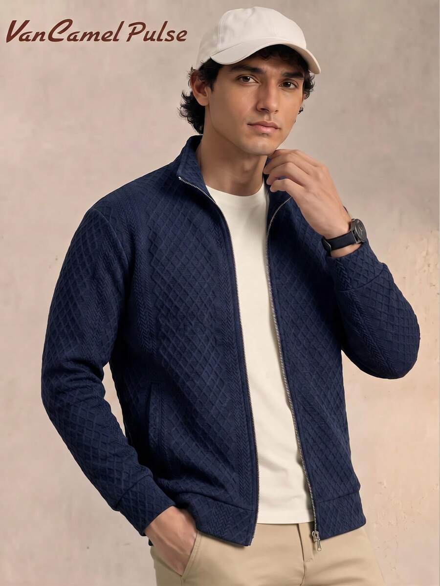 Vancamel Pulse Men's Outdoor Sport Style Jacket With Small Stand Collar, Solid Color Minimalist Versatile Wave Pattern Textured Jacket - Royal Blue - View 1