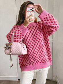 Women's Oversized Sweet Strawberry Pattern Crew Neck Long Sleeve Knit Sweater, Winter Fall - Multicolor - View 2