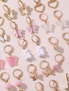 18 Pairs/Set Girls Earrings Set, Cute Bear Butterfly Heart Pendant Studs, Sweet Versatile Earrings For Daily Decoration - Multicolor - View 3