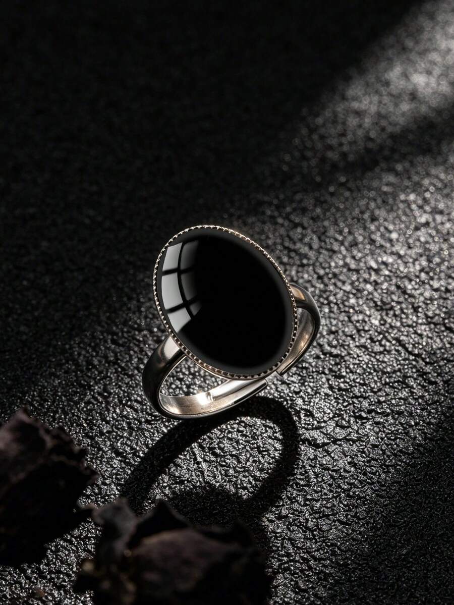 YUJUGLOW 1PC Minimalist Elegant Macaron Solid Color Pattern 316 Stainless Steel Oval Open Adjustable Ring Suitable For Women's Daily Wear - Black - View 1