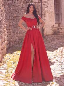 Faeriesty Women's Elegant Fitted Off-Shoulder Satin Maxi Dress - Detachable Rhinestone Belt And Slit Hem | Suitable For Formal Galas, Weddings And Special Occasions - Red - View 1