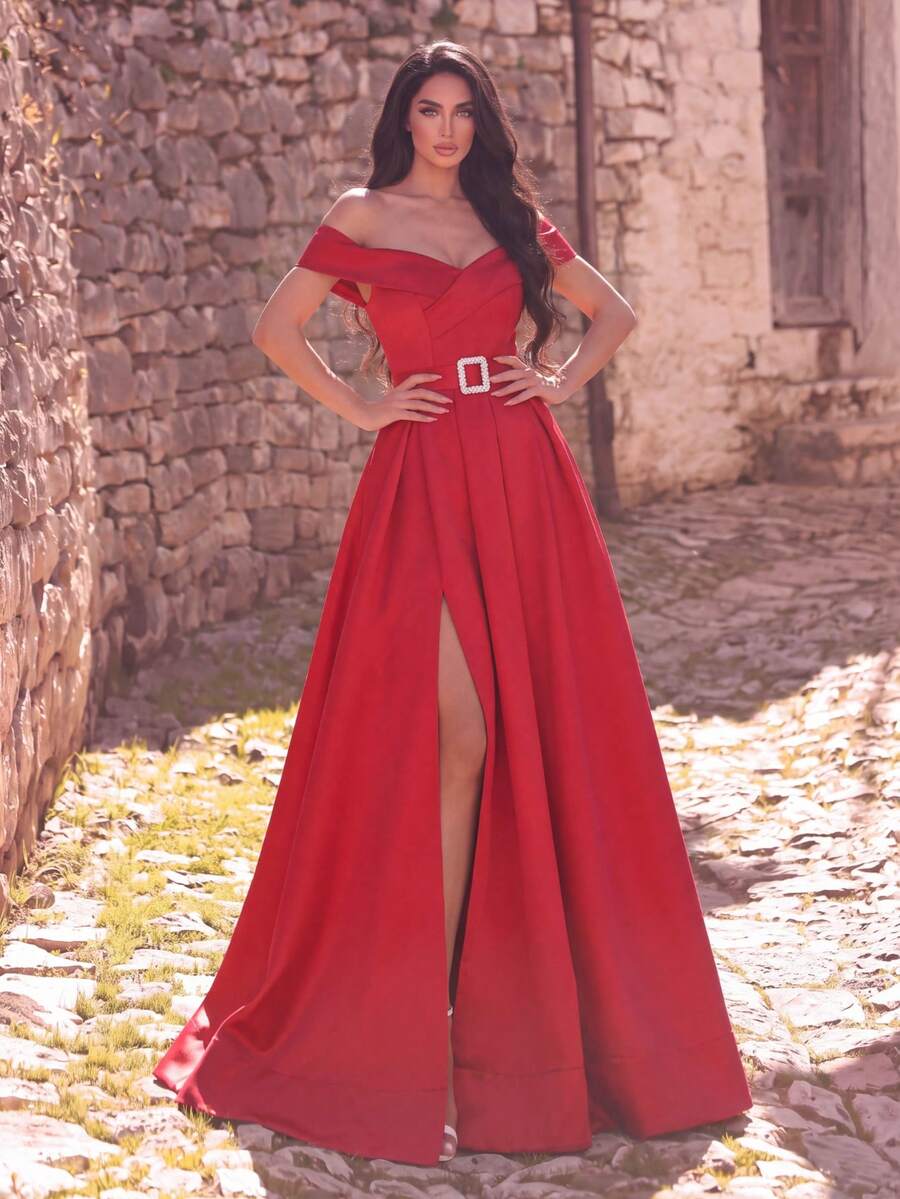 Faeriesty Women's Elegant Fitted Off-Shoulder Satin Maxi Dress - Detachable Rhinestone Belt And Slit Hem | Suitable For Formal Galas, Weddings And Special Occasions - Red - View 1