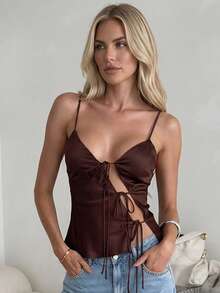 Women's Sexy Side Open Tie Front V-Neck Satin Camisole Tops, Cut Out Hollow Out Suitable For Music Festivals, Hot Girls' Beach Holiday Photo Shoots - Red Violet - View 1