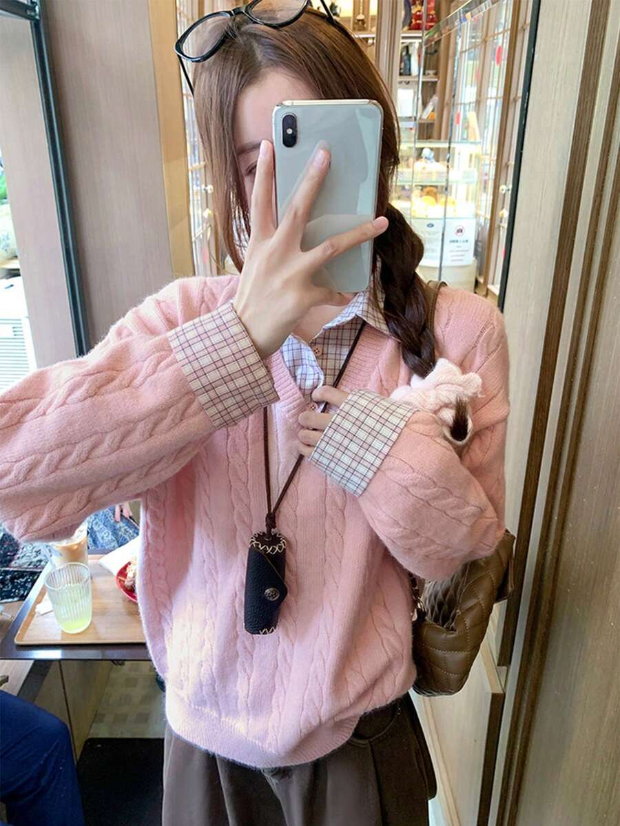 Korean Style Pink 2 In 1 Sweater Women Autumn/Winter Shirt Patchwork Inner Layer Knit Top