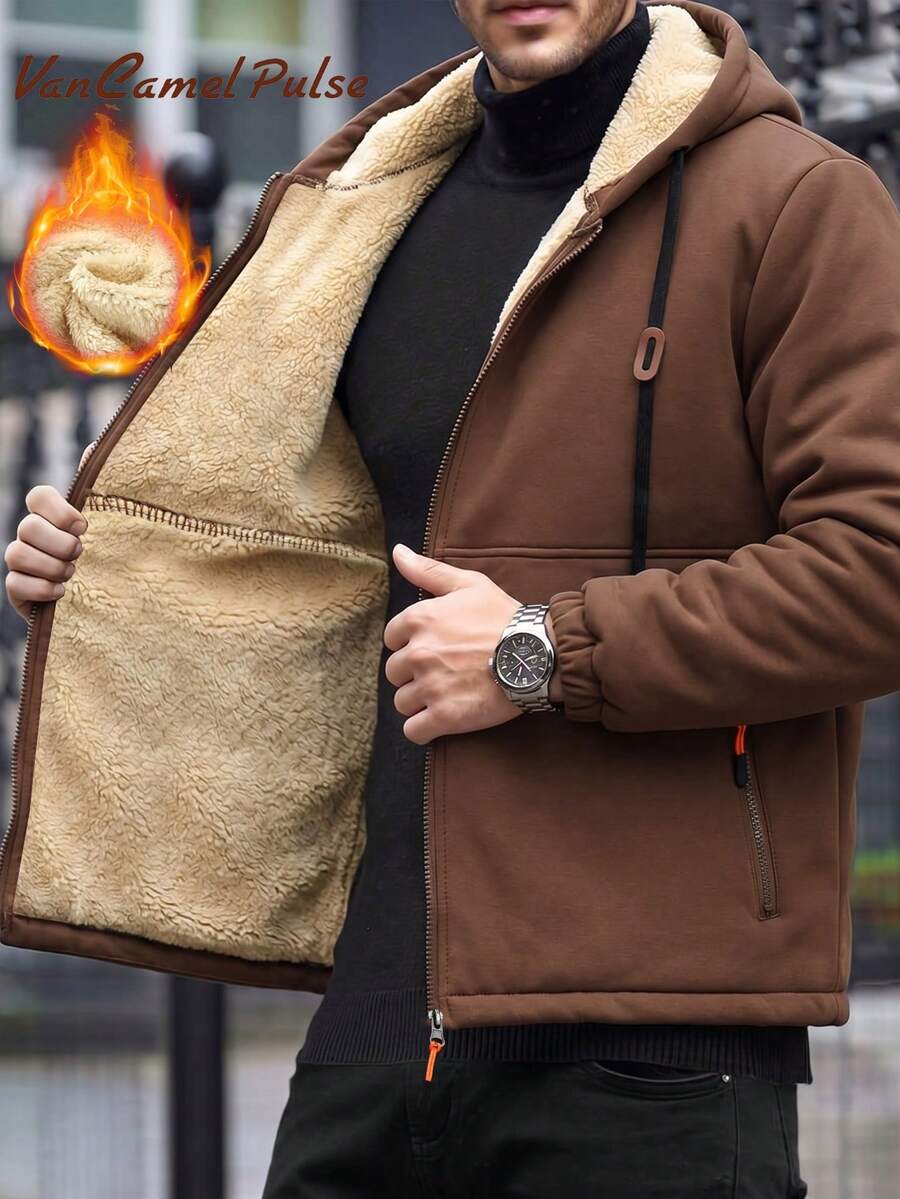 Vancamel Pulse Men's Autumn/Winter Outdoor Commute Hooded Thermal Lined Jacket, Versatile Solid Color Warm Sports Coat - Coffee Brown - View 1