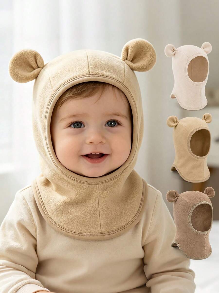 1pc Soft Fleece Baby Balaclava Hat, One-Piece Hooded Design With Cute Bear Ears, Full Head And Neck Coverage, Suitable For Daily Outdoor And Stroller Use - 1PC - View 1