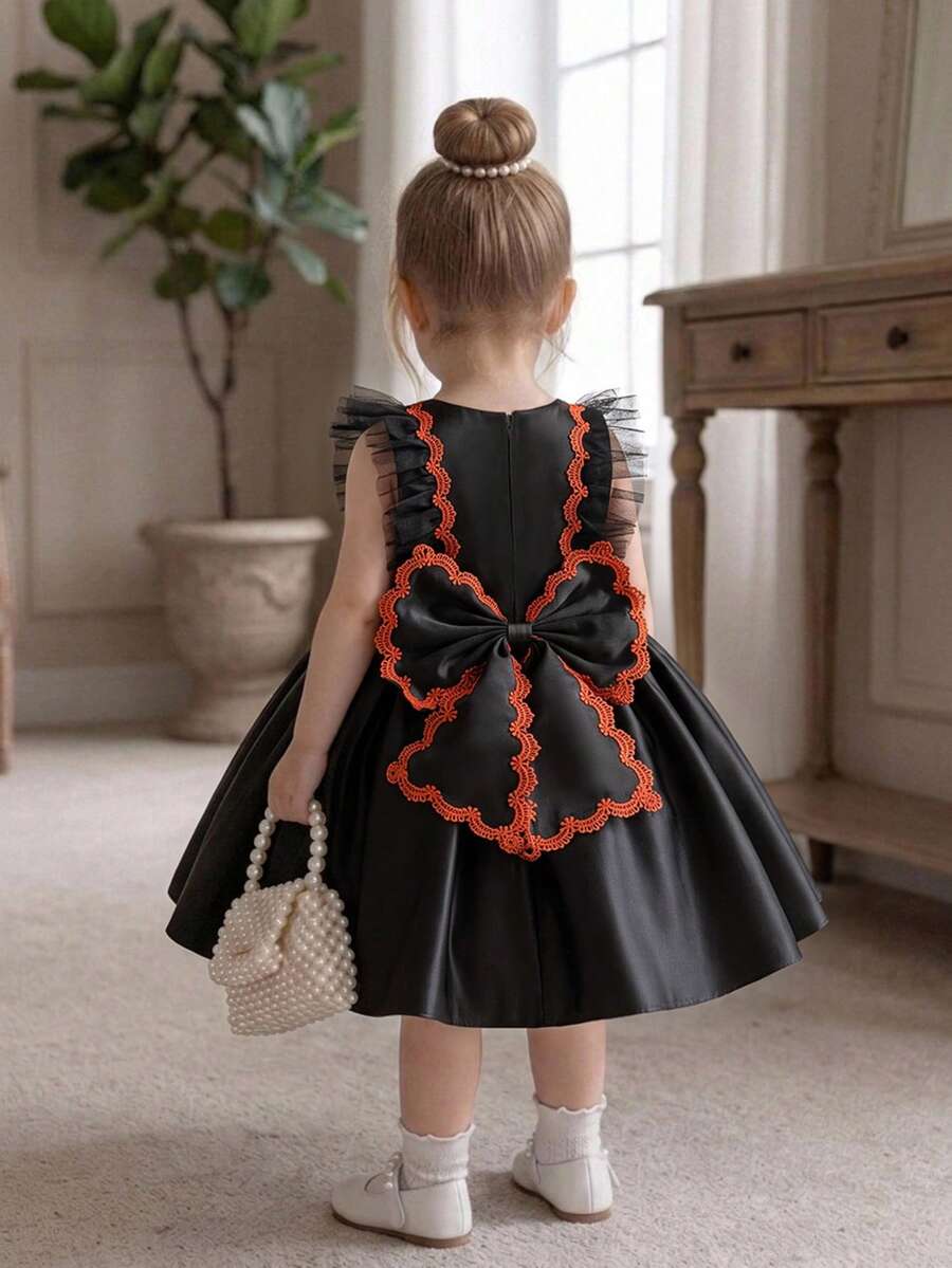 Baby Girls Flutter Sleeve Embroidered Contrast Color Bow Satin Cute Party Dress Suitable For Holiday Party Birthday - Black - View 1
