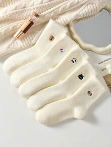 3 Pairs Women's Sweet Cartoon Plush Winter Thick Warm Coral Fleece Socks, Cute Animal Pattern White Short Socks With Lace Trim, Soft And Comfortable For Outdoor Wear, Random Color - Multicolor - View 3