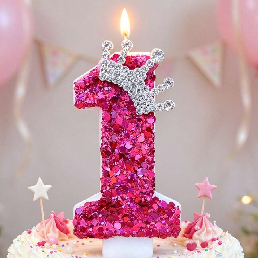 1pc Fuchsia Glitter Rhinestone Queen Crown Number Candle, 0-9 Digit & Letter Birthday Cake Candle, Handmade DIY Cake Topper, Cake Decor For Girls Birthday Party, Anniversary Dessert Table Decor, Cake Baking Supplies, Birthday Celebration Decorations