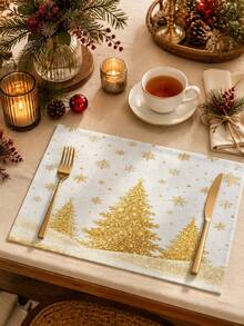 Christmas Snowflake Christmas Tree Table Runner, Pillowcase, Placemat, Winter Rustic Gold Linen Dining Table Decor, Holiday Party Home Decoration, Kitchen Dining Table Decor Flag - Multicolor - View 4