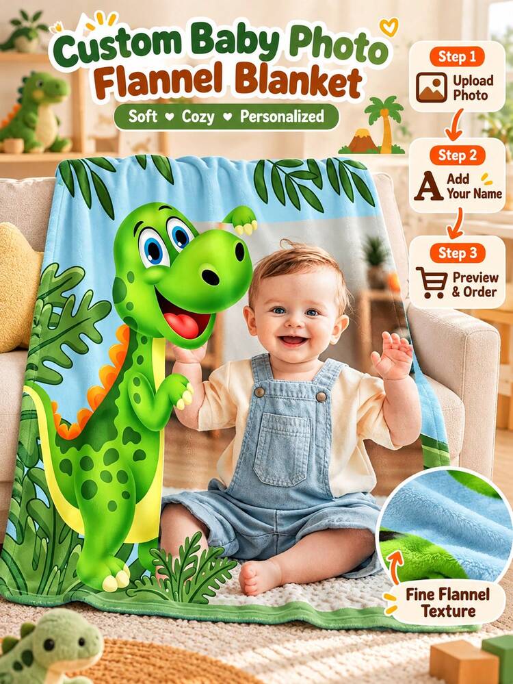 1pc Personalized Photo Blanket, Dinosaur Theme Commemorative Blanket. Wall Hanging, Photo Portrait Blanket Design, Suitable For Girls, Boys, Adults, Valentine's Day, Lightweight, Baby Blanket, Suitable For Mother's Day, Birthday, Children's Day, Father's Day, Graduation, Wedding, Christmas, Halloween - Multicolor - View 4