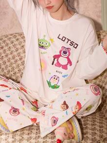 Gongdie Disney Women's Cartoon Print Long Sleeve Top And Pants Pajama Set - White - View 3