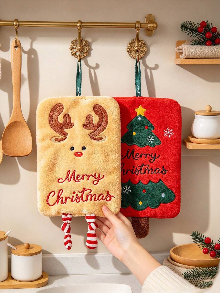1pc Christmas Theme Hand Towel, Cute Snowman Christmas Tree Reindeer Santa Claus Decorative Towel, Super Absorbent, Soft And Lint-Free, Multi-Purpose - Multicolor - View 1