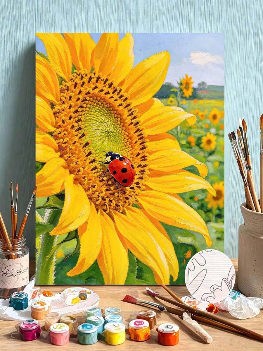 DIY Paint By Numbers Kit, Sunflower With Ladybug Oil Painting Canvas Wall Art Home Decor Gift - A - View 1