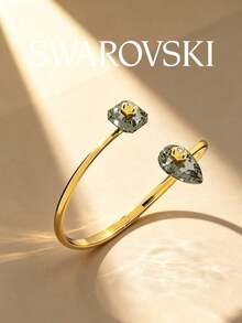 SWAROVSKI Open Cuff Bracelet With Teardrop Square Crystal Dual-Color Design, Women's Jewelry Gift For Girlfriend - Gold + Green - View 3
