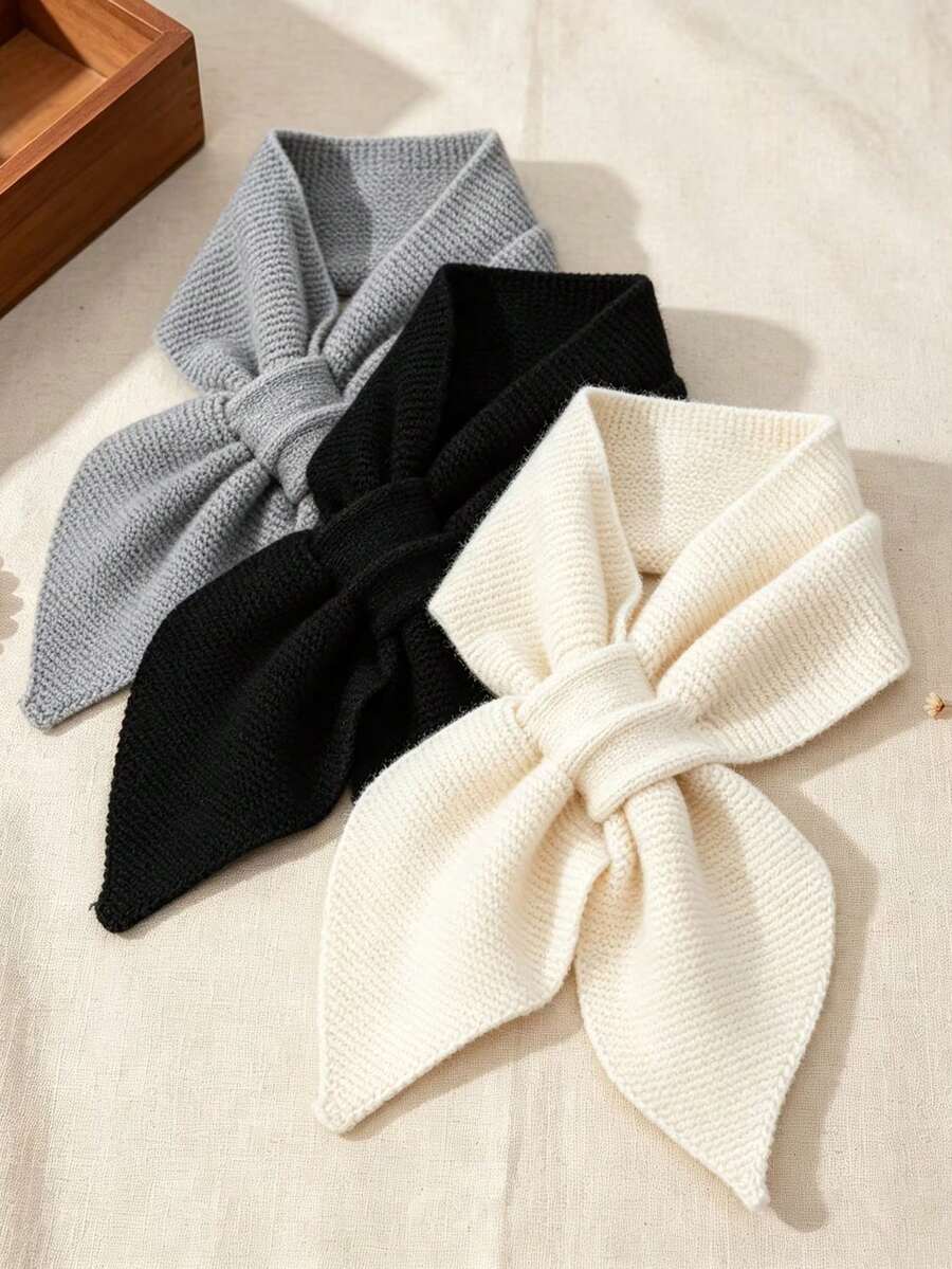 Versatile Autumn/Winter Knitted Scarf For Women, Korean Style Shawl Neck Warmer, Warm Neck Scarf With Decorative Bow, Cross-Style Small Silk Scarf - Multicolor - View 1