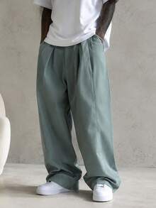 Mint Blue Pleated Wide Leg Casual Pants, Draped Loose Straight Leg American Style Long Trousers For Men - Mint Blue - View 1