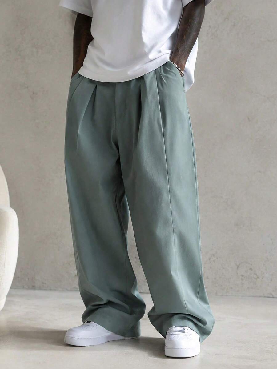 Mint Blue Pleated Wide Leg Casual Pants, Draped Loose Straight Leg American Style Long Trousers For Men - Mint Blue - View 1
