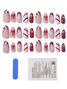10Pcs Medium Almond Press On Nails Christmas Style Red Nude Snowflake Candy Cane Strip Bow Pattern Glossy Fake Nail Kit For Women Xmas Daily - Multicolor - View 4