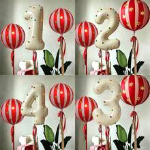 32 Inch Number Balloon Set 0-9, Cream Number Foil Balloon Kit With Red & White Striped 4D Round Balloons Printed With Golden Stars, Includes Ribbon, Dot Stickers And Glue Dots, Photo Backdrop Decor Prop For Birthday Party & Anniversary - Multicolor - View 2
