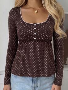 SCARLUX Women Fall Y2K Polka Dot Tee, Lace Trim Square Neck Ruffle Hem Long Sleeve Top, Back To School Daily Commute Wear - Brown - View 8