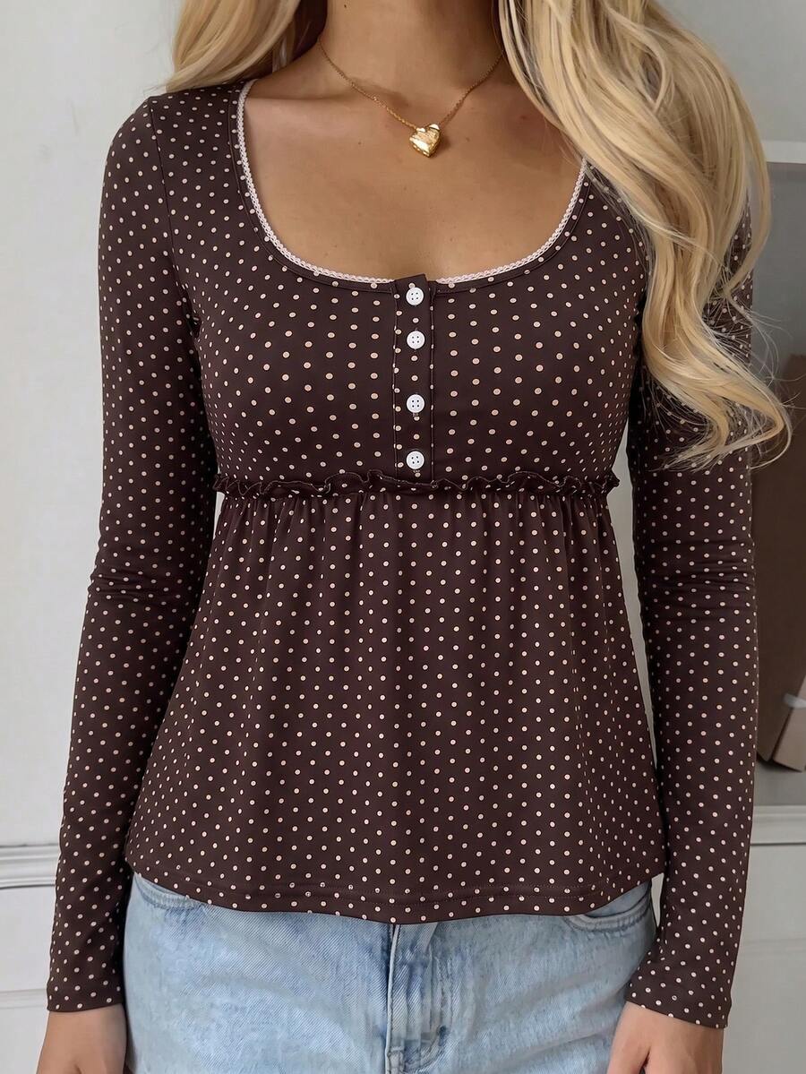 SCARLUX Women Fall Y2K Polka Dot Tee, Lace Trim Square Neck Ruffle Hem Long Sleeve Top, Back To School Daily Commute Wear - Brown - View 1