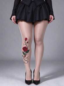 1 Pair Nude Sheer Tights, Red Rose Print Pantyhose For Women Date Night - Multicolor - View 1