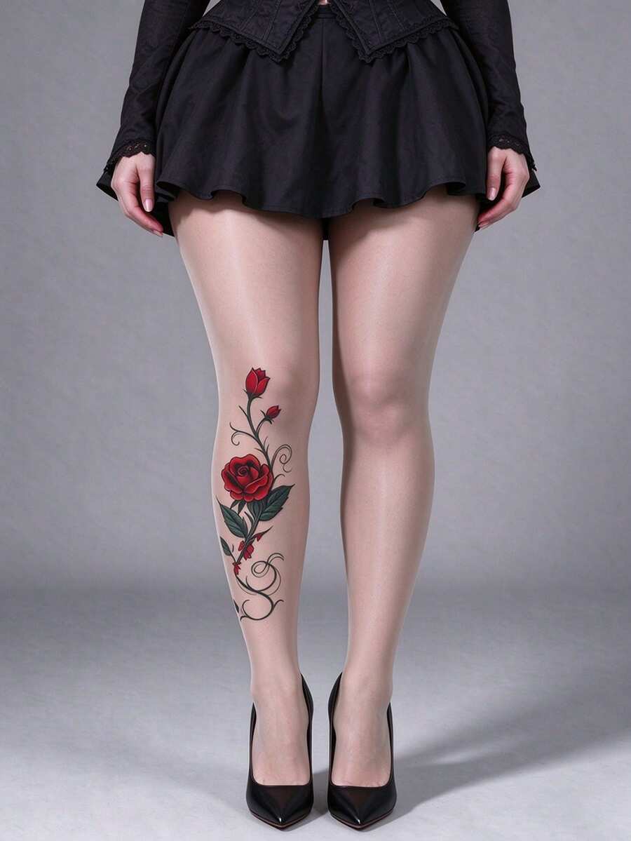 1 Pair Nude Sheer Tights, Red Rose Print Pantyhose For Women Date Night - Multicolor - View 1