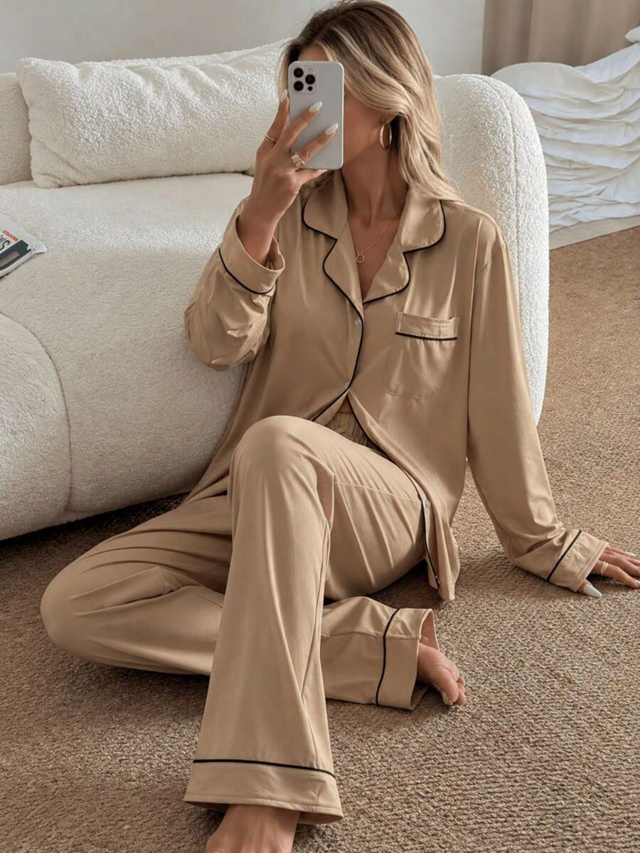 2pcs Women Notched Collar Long Sleeve Pajama Set, Comfortable Casual Sleepwear Homewear Suit