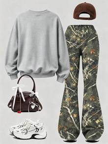 2pcs/Set Girls Outfit, Round Neck Sweatshirt With Bare Branch And Butterfly Print, Paired With Loose Flare Pants, Suitable For Autumn/Winter Wear - Grey - View 3