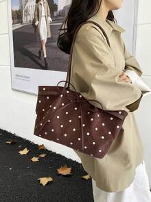 Autumn/Winter New Polka Dot Bow Decor Tote Bag, Large Capacity Daily Commute Shoulder Handbag - Coffee - View 5