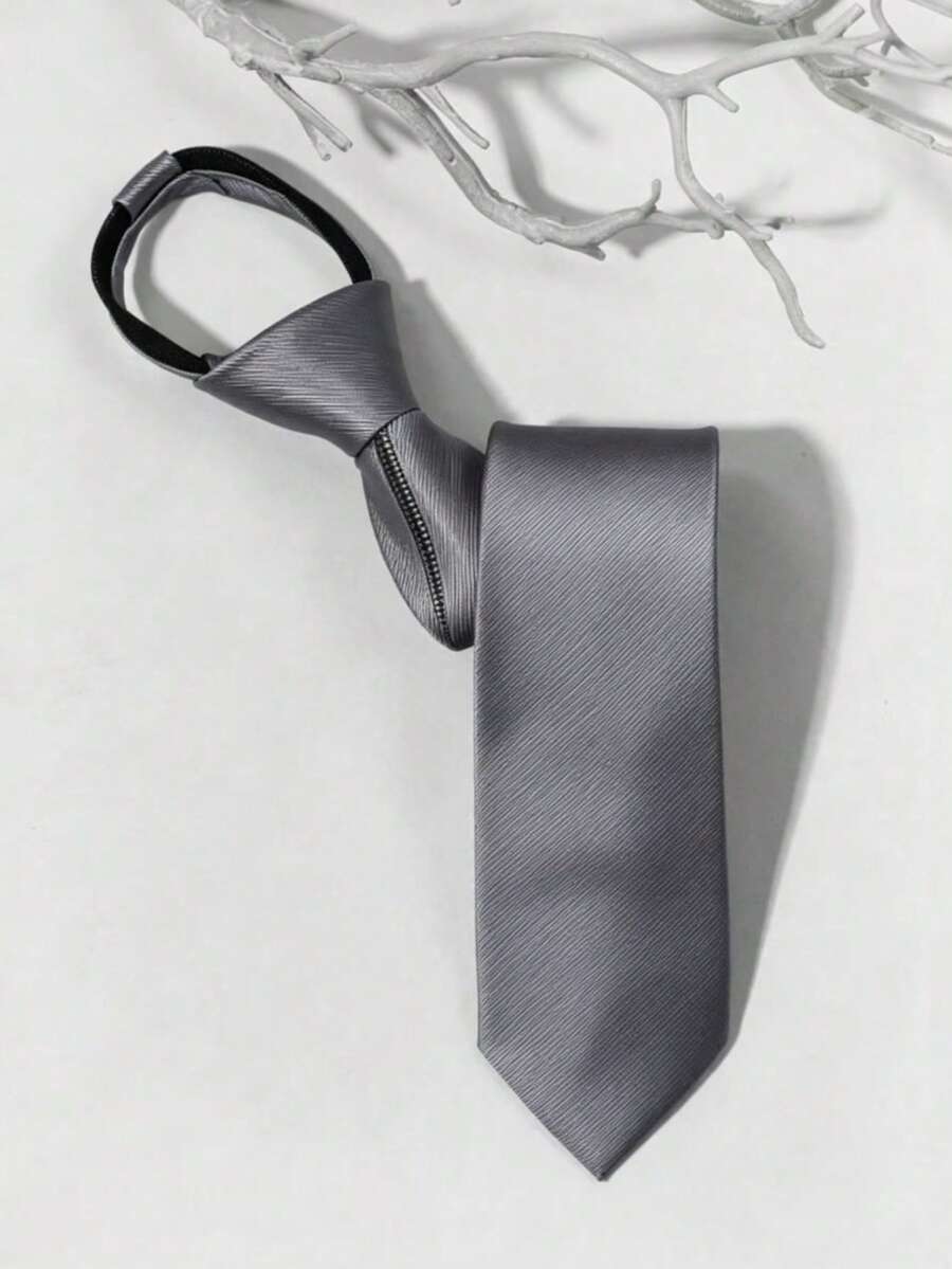 1PC Men's Fashion Solid Color Encrypted Easy Pull-Strap Tie - Grey - View 1