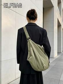 慵懶風百褶軟質托特包，大容量輕量尼龍單肩包，時尚休閒通勤女款斜跨包 - 橄欖綠 - 查看 6