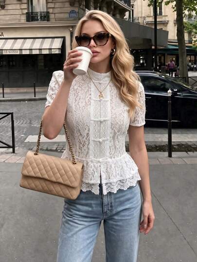 Autumn/Winter Lace Crochet Stand Collar Slim Fit White Blouse For Women, Design-Driven Fashionable Elegant Commuter Top, Elegant White Sheer Lace Woven Fabric Short Sleeve Stand Collar Blouse