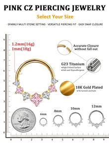 1件高品質G23鈦合金16G方形鋯石鼻中隔穿刺環 鉸鏈鼻環耳環，適用於鼻中隔、耳蝸、耳輪、軟骨、耳屏、耳垂、臍環，閃亮鋯石穿刺飾品，適合節慶、假日與度假 - 金色方形白鋯石 - 查看 4