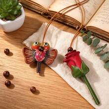 1pc Back To School Daily Handmade Carved PU Leather Bag Charm, Red Rose & Dragonfly Long Rope Backpack Pendant - Multicolor - View 1