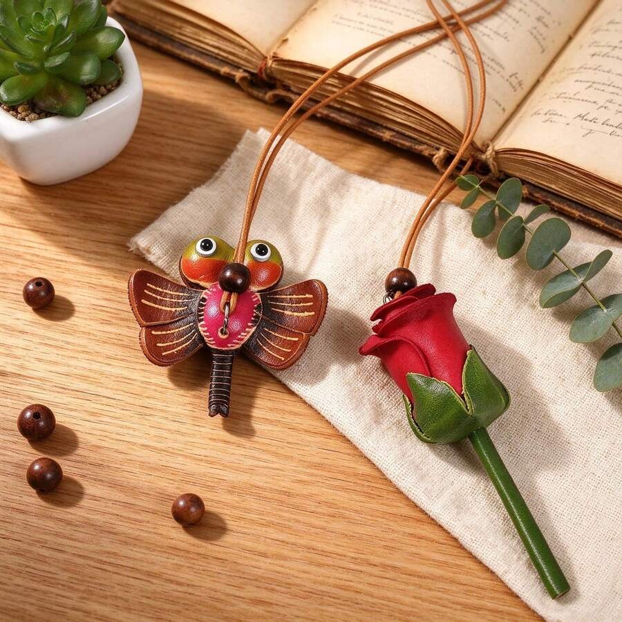 1pc Back To School Daily Handmade Carved PU Leather Bag Charm, Red Rose & Dragonfly Long Rope Backpack Pendant - Multicolor - View 1