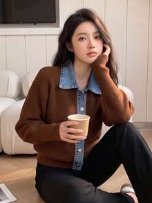 Wixra Women Denim Collar Patchwork Knit Cardigan Long Sleeve Button Front Loose Fit Sweater Outerwear - Coffee Brown - View 3