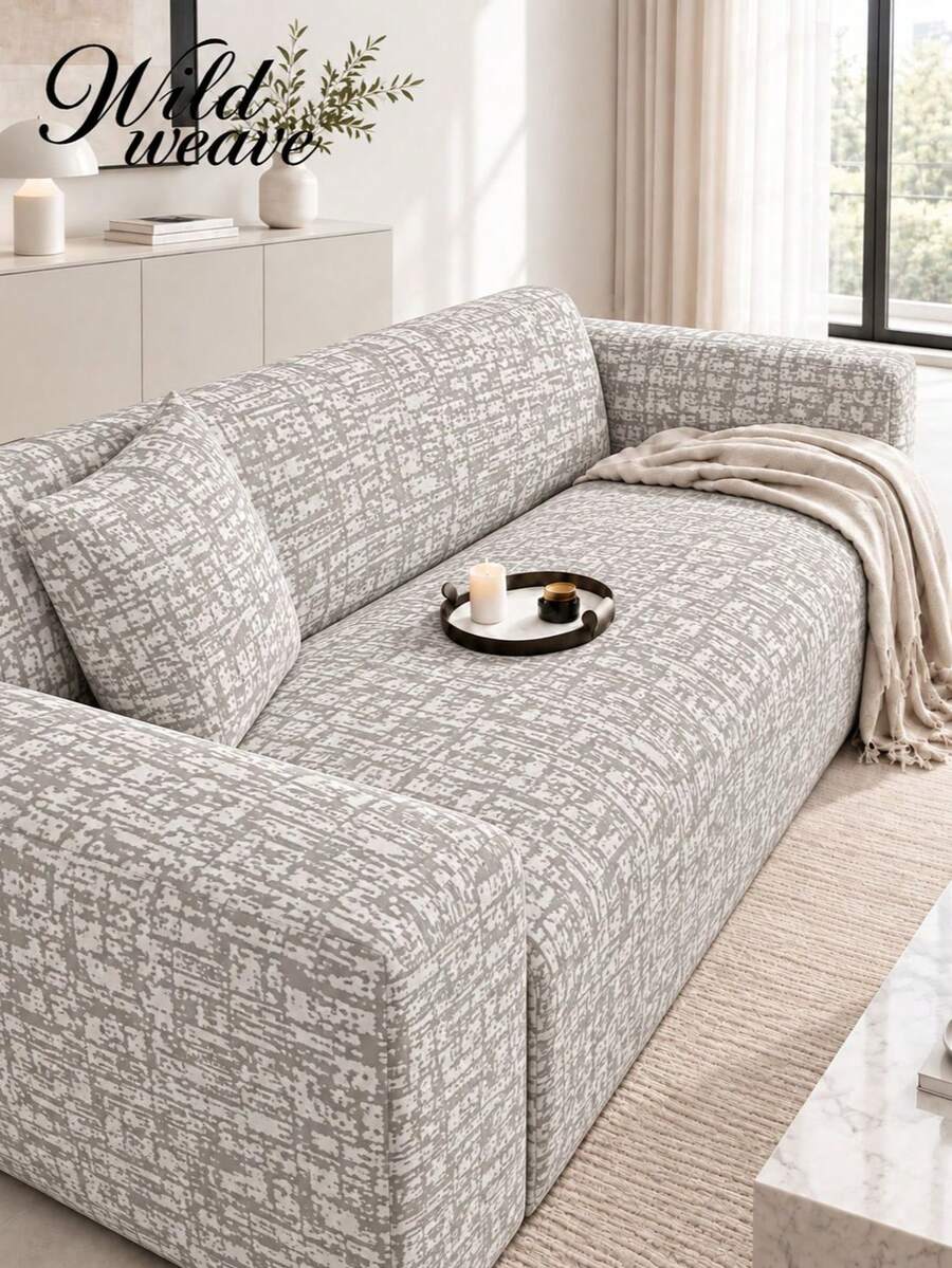 1pc Gray Textured Milk Silk All-Season Elastic Full Sofa Cover + 1pc Matching Pillow Cushion Cover Without Filling