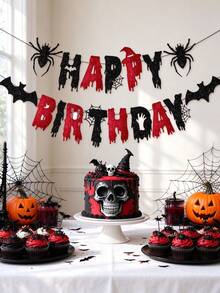 Red Black Glitter Birthday Banner - Halloween Bat Spider Happy Birthday Party Decorations For Themed Party Decor - Multicolor - View 2