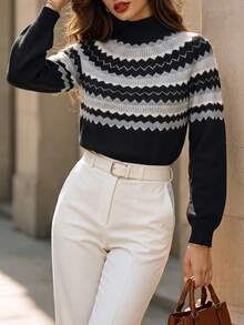 DONICY Women Elegant Half Turtleneck Fair Isle Sweater, Retro Wave Stripe Long Sleeve Cropped Knit Top - Multicolor - View 6