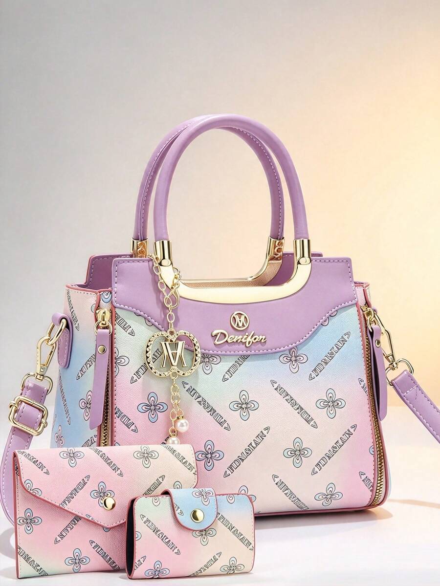 Women's Fashion Gradient Monogram Handbag Set, Stylish Top Handle Bag With Matching Purse, Contrast Color Trim, M Pearl Charm, Gold Hardware - Violet Purple - View 1