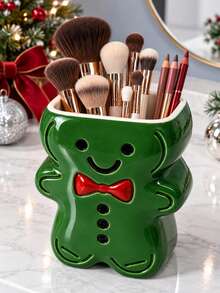 1pc Christmas Gingerbread Man Makeup Brush Holder, Cute Bow Tie Cosmetic Organizer For Lipsticks & Beauty Tools, Festive Vanity Desktop Decor - Multicolor - View 7