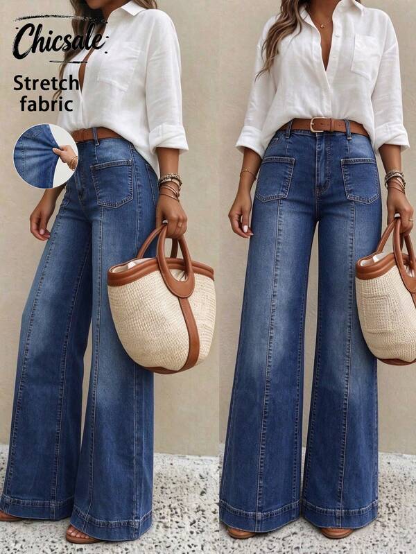 New Women's High-Quality Fashion Casual Loose Wide Leg Denim Jeans, Comfortable Fit, Suitable For Autumn, No Belt