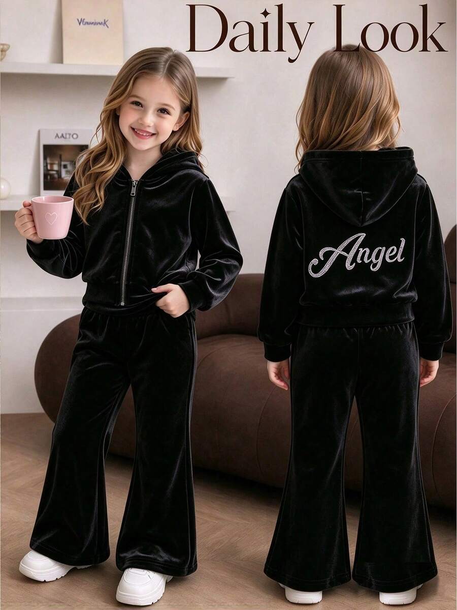 2pcs/Set Girls Toddler Casual Solid Color Soft Comfortable Knit Fabric Back Angel Letter Graphic Long Sleeve Hooded Jacket And Flared Pants Set, Suitable For Outdoor Wear, Autumn/Winter - Black - View 1